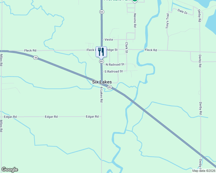 map of restaurants, bars, coffee shops, grocery stores, and more near Howard City Edmore Road in Six Lakes