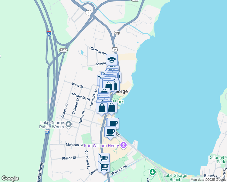 map of restaurants, bars, coffee shops, grocery stores, and more near U.S. 9 & Amherst St in Lake George