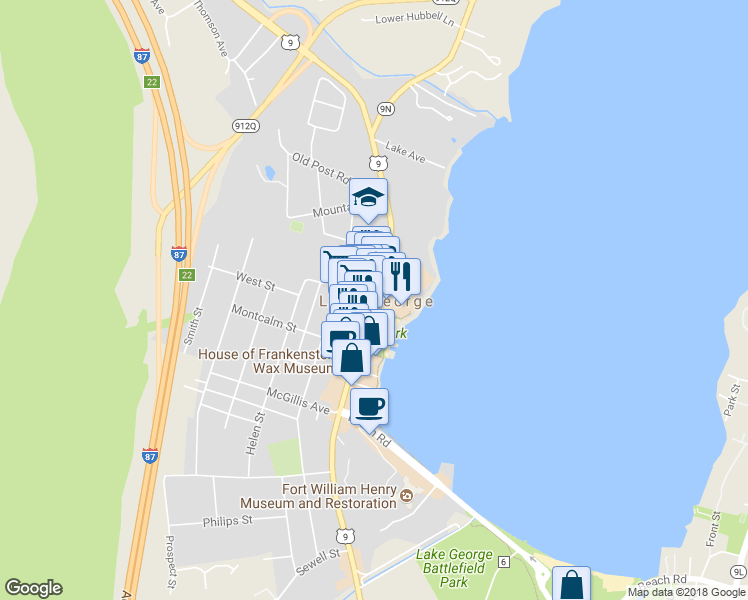 map of restaurants, bars, coffee shops, grocery stores, and more near U.S. 9 & Amherst St in Lake George