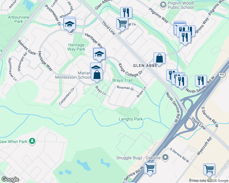 map of restaurants, bars, coffee shops, grocery stores, and more near 1248 Bowman Drive in Oakville