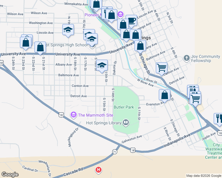 map of restaurants, bars, coffee shops, grocery stores, and more near 1401-1499 Canton Avenue in Hot Springs