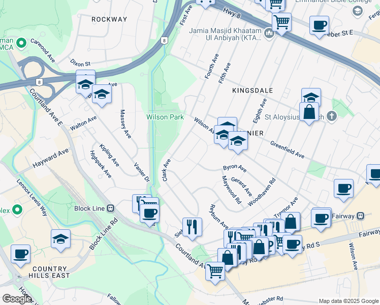 map of restaurants, bars, coffee shops, grocery stores, and more near Broadmoor Avenue in Kitchener
