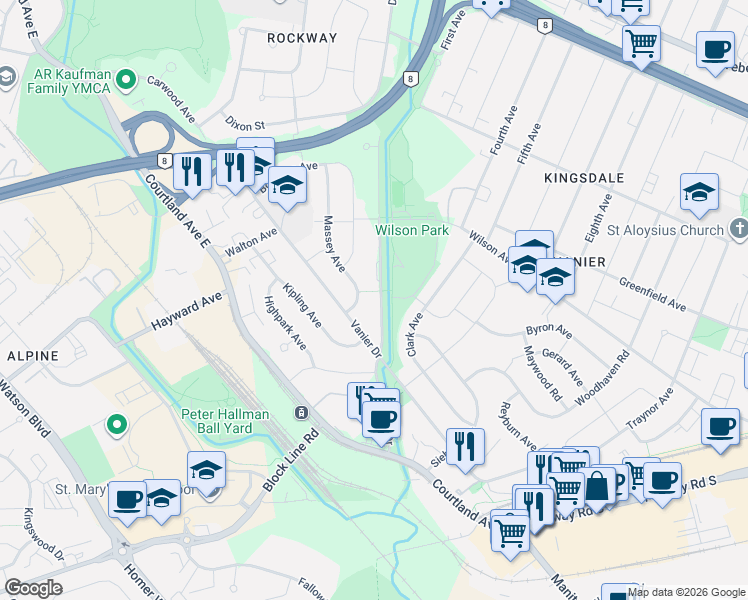 map of restaurants, bars, coffee shops, grocery stores, and more near 336 Shelley Drive in Kitchener