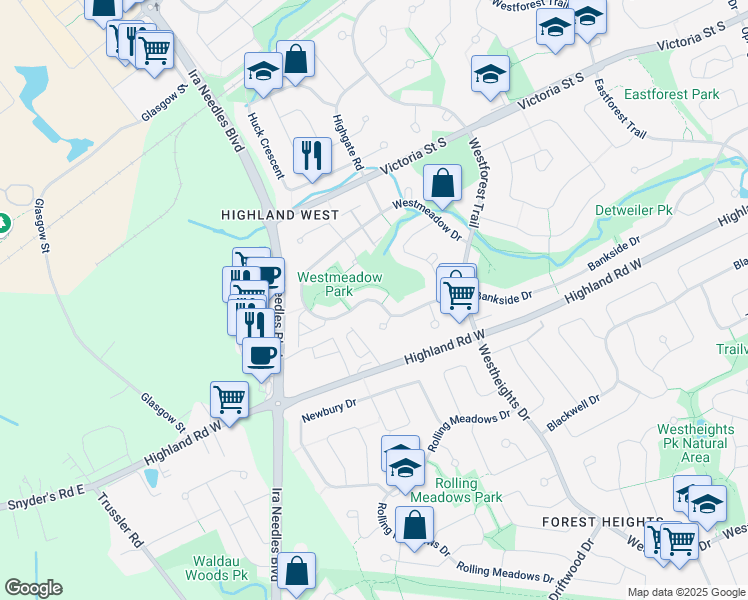 map of restaurants, bars, coffee shops, grocery stores, and more near Westmeadow Drive in Kitchener