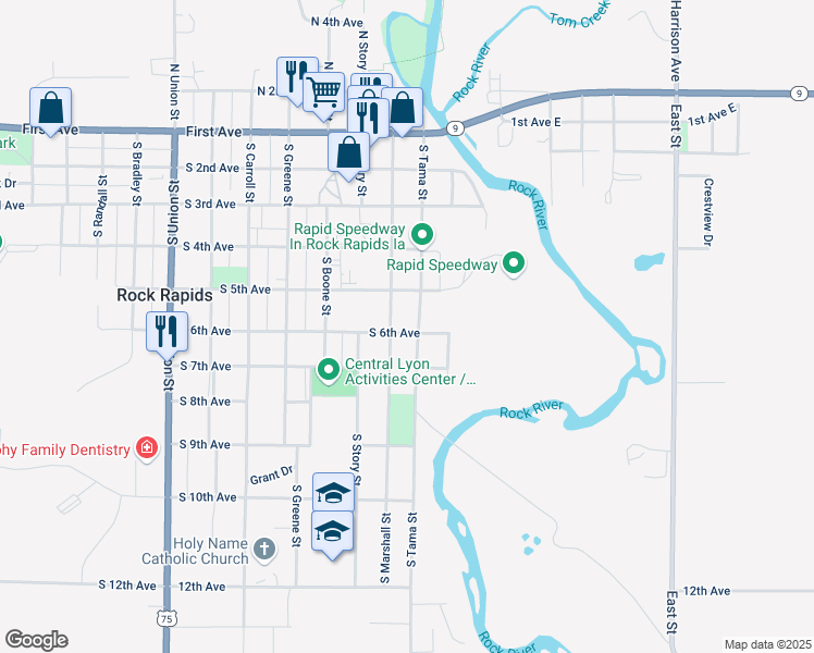 map of restaurants, bars, coffee shops, grocery stores, and more near 103 South 6th Avenue in Rock Rapids