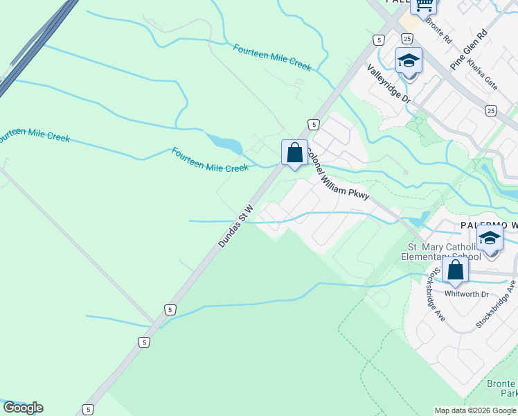 map of restaurants, bars, coffee shops, grocery stores, and more near 2396 Natasha Circle in Oakville