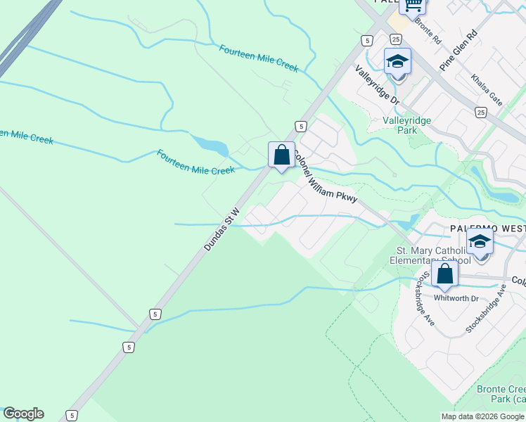 map of restaurants, bars, coffee shops, grocery stores, and more near 2473 Elder Lane in Oakville