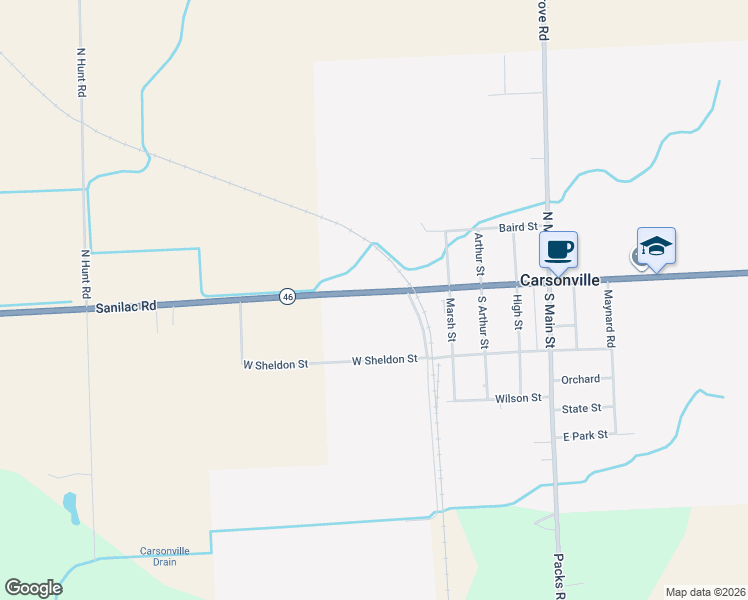 map of restaurants, bars, coffee shops, grocery stores, and more near 3756 East Chandler Street in Carsonville