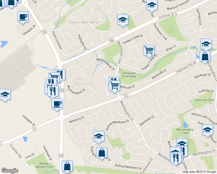 map of restaurants, bars, coffee shops, grocery stores, and more near 79 Dawn Ridge Drive in Kitchener