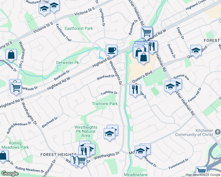 map of restaurants, bars, coffee shops, grocery stores, and more near 7 Ripley Crescent in Kitchener
