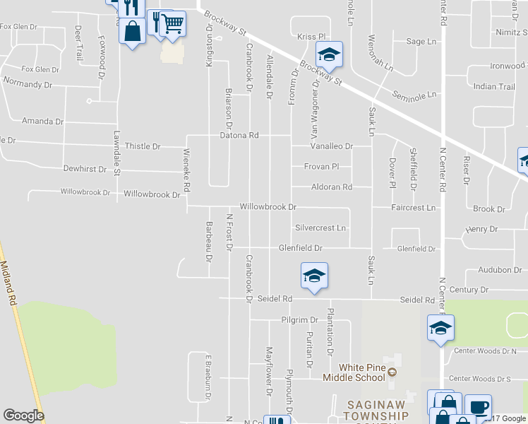 map of restaurants, bars, coffee shops, grocery stores, and more near 5525 Willowbrook Drive in Saginaw