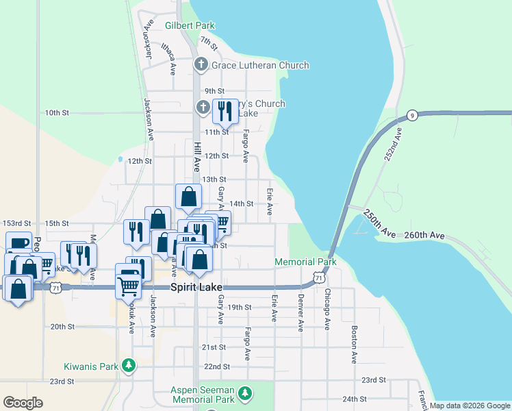 map of restaurants, bars, coffee shops, grocery stores, and more near 505 14th Street in Spirit Lake