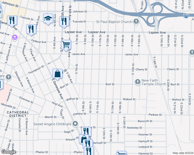 map of restaurants, bars, coffee shops, grocery stores, and more near 435 South 11th Street in Saginaw
