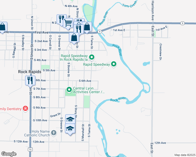 map of restaurants, bars, coffee shops, grocery stores, and more near 103 South 6th Avenue in Rock Rapids