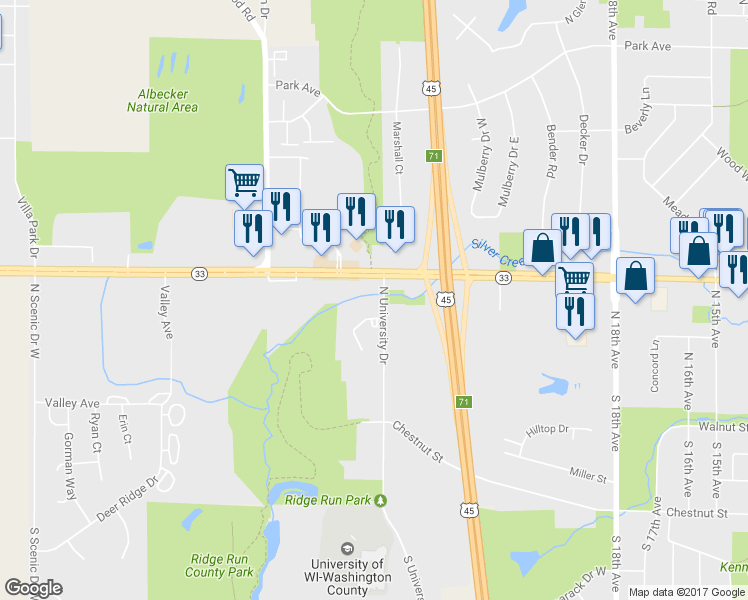 map of restaurants, bars, coffee shops, grocery stores, and more near 308 North University Drive in West Bend
