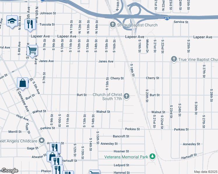 map of restaurants, bars, coffee shops, grocery stores, and more near 432 South 15th Street in Saginaw