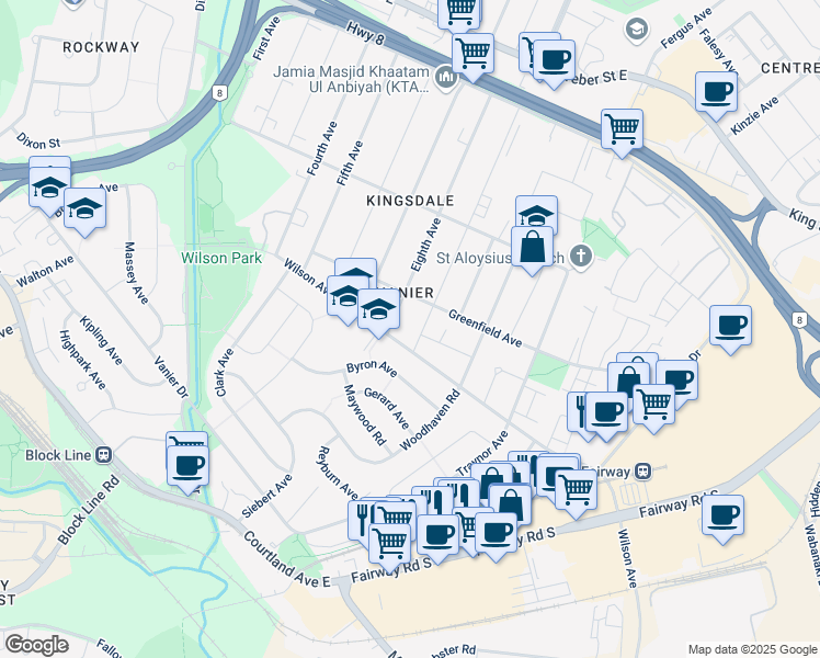 map of restaurants, bars, coffee shops, grocery stores, and more near 240 9th Avenue in Kitchener