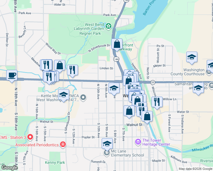 map of restaurants, bars, coffee shops, grocery stores, and more near 316 North 9th Avenue in West Bend