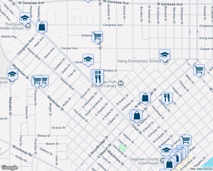 map of restaurants, bars, coffee shops, grocery stores, and more near 126 N Alexander St in Saginaw
