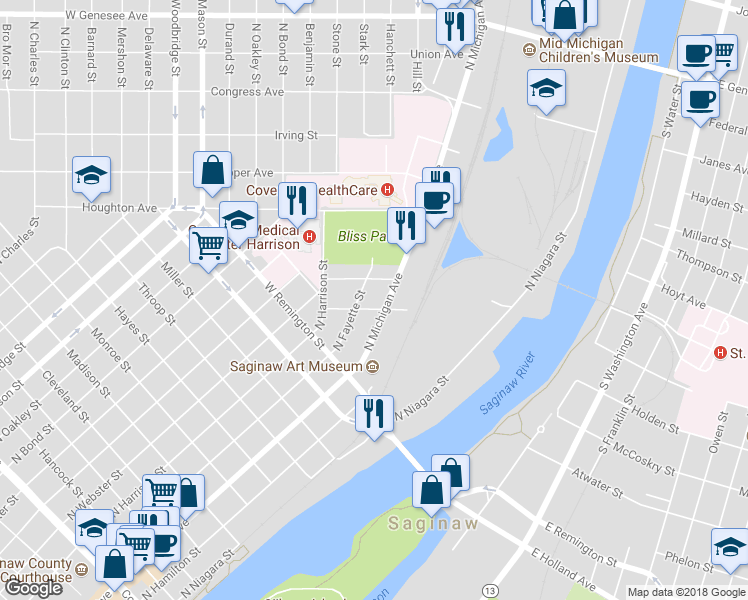 map of restaurants, bars, coffee shops, grocery stores, and more near 514 Eleanor Avenue in Saginaw