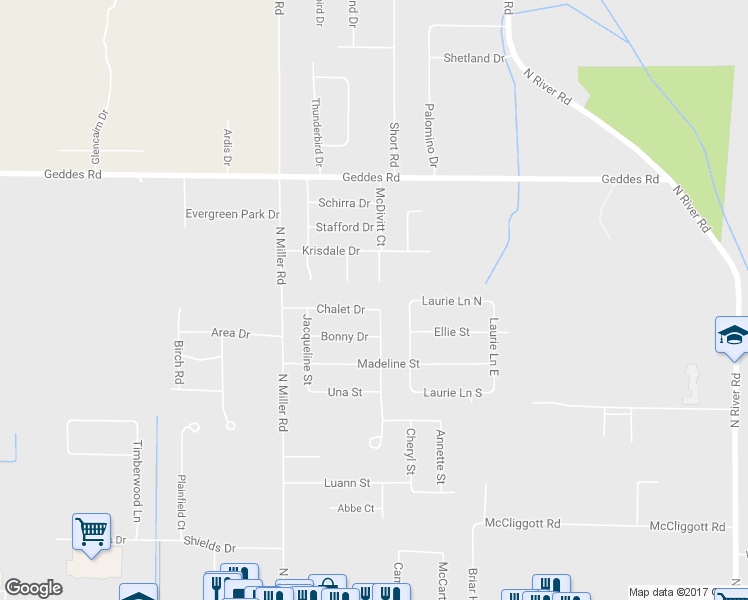 map of restaurants, bars, coffee shops, grocery stores, and more near 7806 Chalet Drive in Saginaw