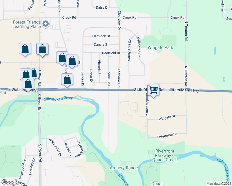 map of restaurants, bars, coffee shops, grocery stores, and more near 2123 East Washington Street in West Bend