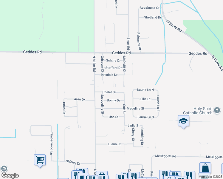 map of restaurants, bars, coffee shops, grocery stores, and more near 7880 Chalet Drive in Saginaw