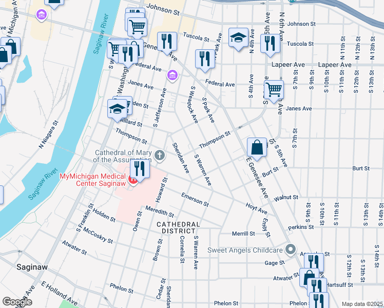 map of restaurants, bars, coffee shops, grocery stores, and more near 603 South Warren Avenue in Saginaw