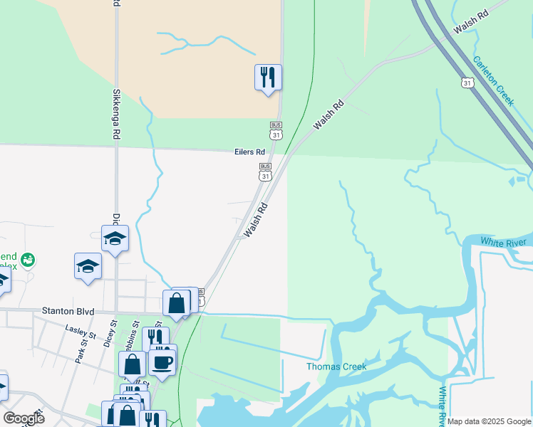 map of restaurants, bars, coffee shops, grocery stores, and more near 9250 Walsh Road in Montague