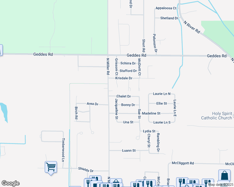 map of restaurants, bars, coffee shops, grocery stores, and more near 7946 Chalet Drive in Saginaw