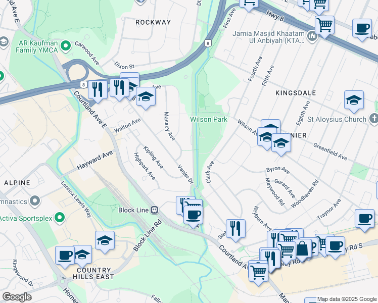 map of restaurants, bars, coffee shops, grocery stores, and more near 336 Shelley Drive in Kitchener