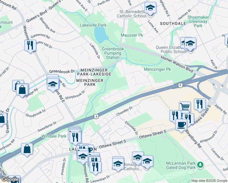 map of restaurants, bars, coffee shops, grocery stores, and more near 52 Barbara Crescent in Kitchener