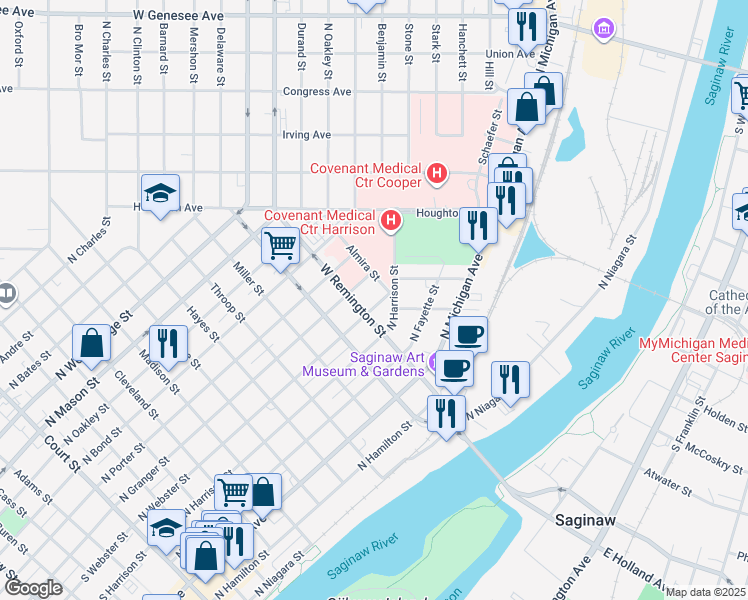 map of restaurants, bars, coffee shops, grocery stores, and more near 1113 North Webster Street in Saginaw