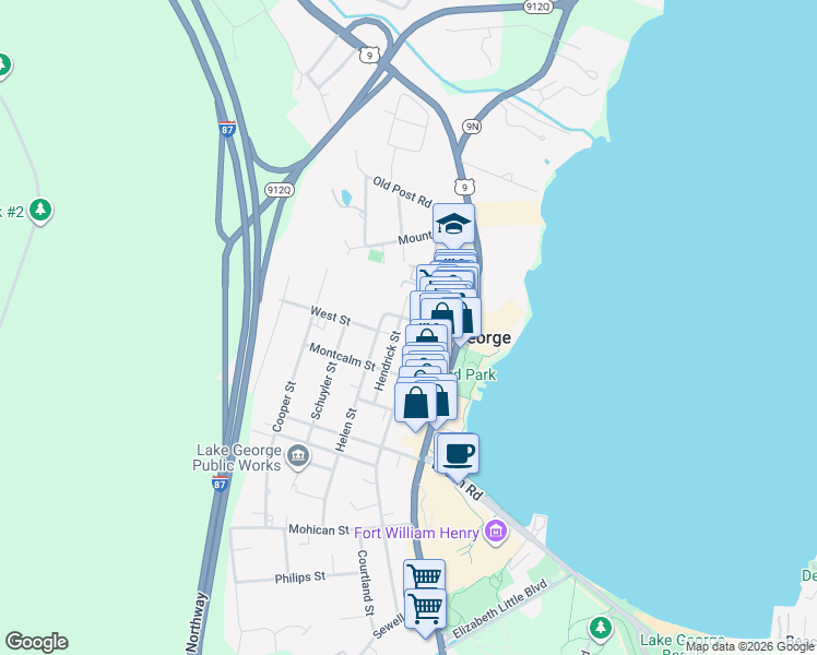 map of restaurants, bars, coffee shops, grocery stores, and more near 179 Ottawa Street in Lake George