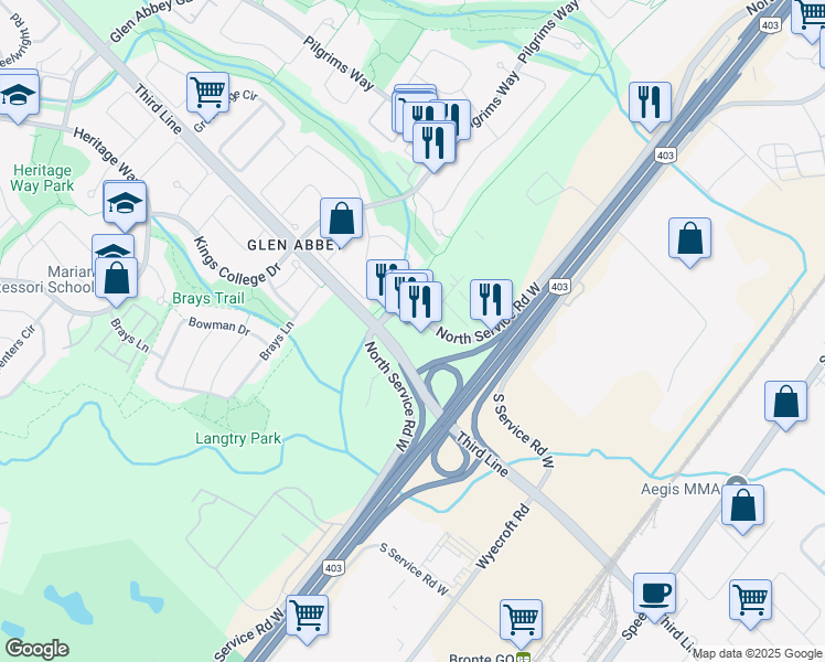 map of restaurants, bars, coffee shops, grocery stores, and more near 1540 North Service Road West in Oakville