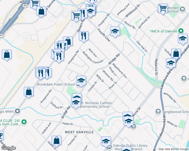 map of restaurants, bars, coffee shops, grocery stores, and more near 1124 Bridge Road in Oakville