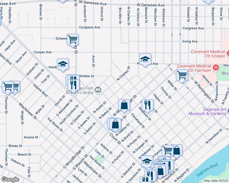 map of restaurants, bars, coffee shops, grocery stores, and more near 1602 Cleveland Street in Saginaw
