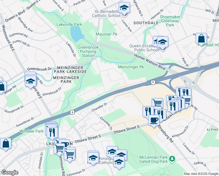 map of restaurants, bars, coffee shops, grocery stores, and more near 126 Avalon Place in Kitchener
