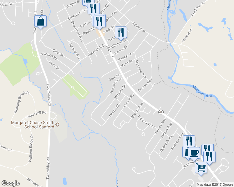 map of restaurants, bars, coffee shops, grocery stores, and more near 21 Schuler Street in Sanford