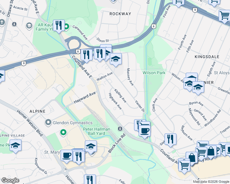 map of restaurants, bars, coffee shops, grocery stores, and more near 183 Kipling Avenue in Kitchener