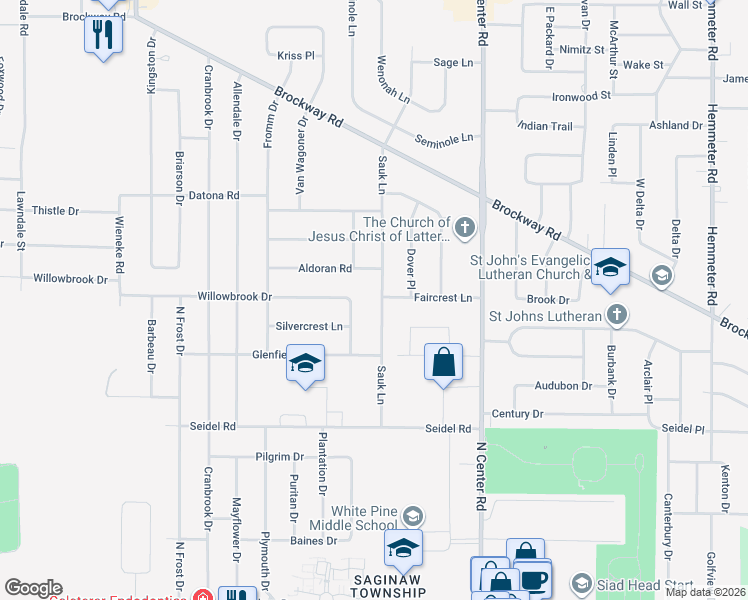 map of restaurants, bars, coffee shops, grocery stores, and more near 1275 Sauk Lane in Saginaw