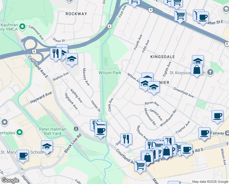 map of restaurants, bars, coffee shops, grocery stores, and more near 81 Clark Avenue in Kitchener