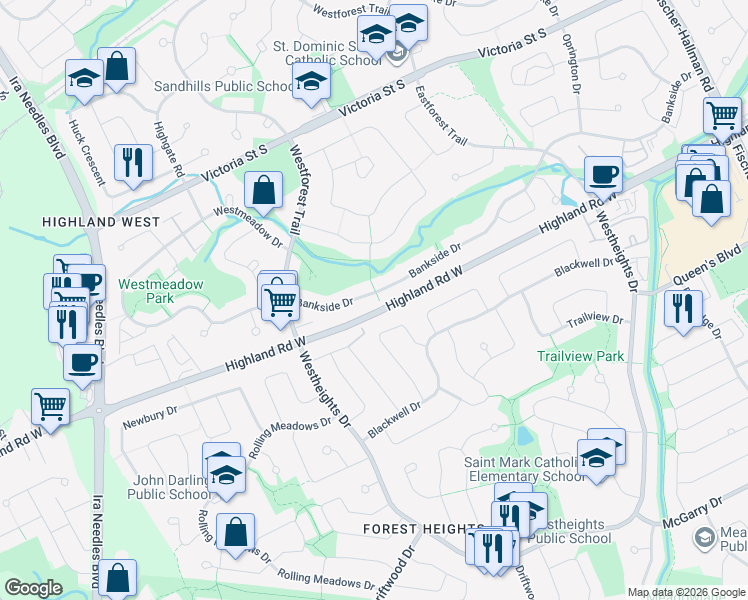 map of restaurants, bars, coffee shops, grocery stores, and more near 353 Bankside Drive in Kitchener