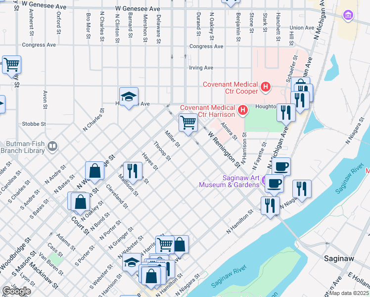 map of restaurants, bars, coffee shops, grocery stores, and more near 902 North Bond Street in Saginaw