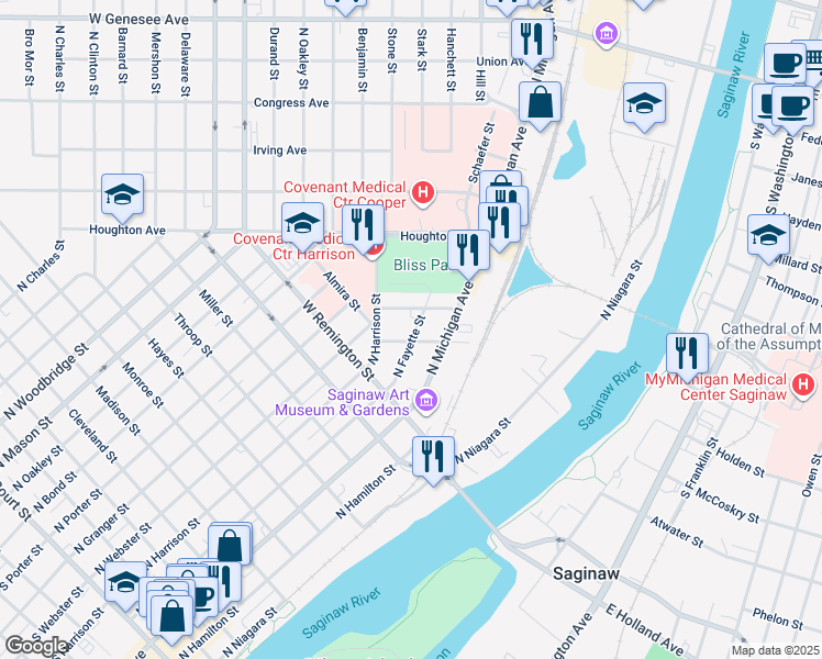 map of restaurants, bars, coffee shops, grocery stores, and more near 514 Eleanor Avenue in Saginaw