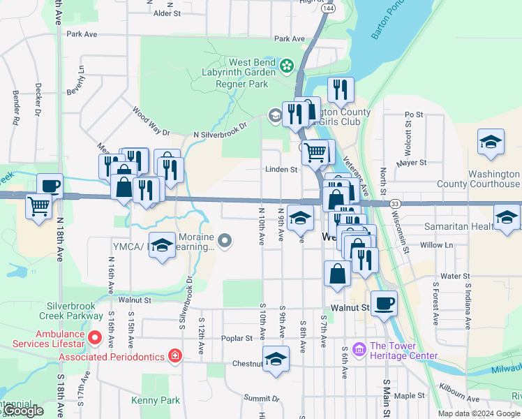 map of restaurants, bars, coffee shops, grocery stores, and more near 1023 West Washington Street in West Bend