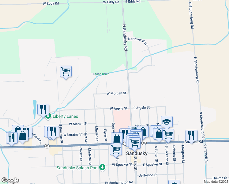 map of restaurants, bars, coffee shops, grocery stores, and more near 68 West Morgan Street in Sandusky