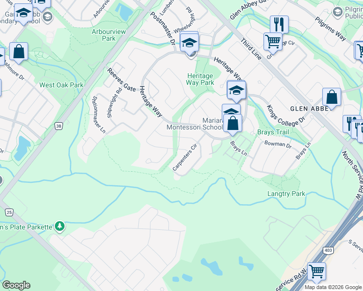map of restaurants, bars, coffee shops, grocery stores, and more near 1329 Stonecutter Drive in Oakville