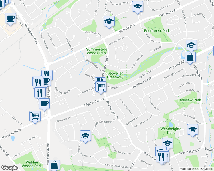 map of restaurants, bars, coffee shops, grocery stores, and more near 496 Bankside Drive in Kitchener