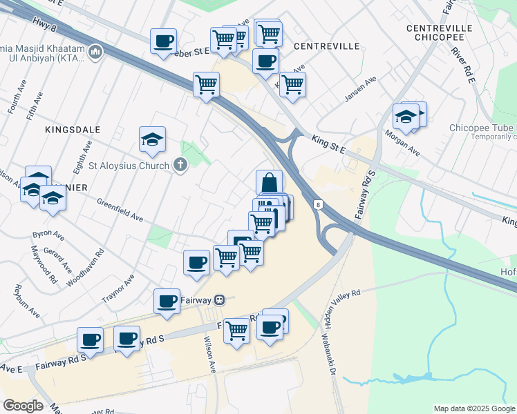 map of restaurants, bars, coffee shops, grocery stores, and more near 1 Cedarwoods Crescent in Kitchener